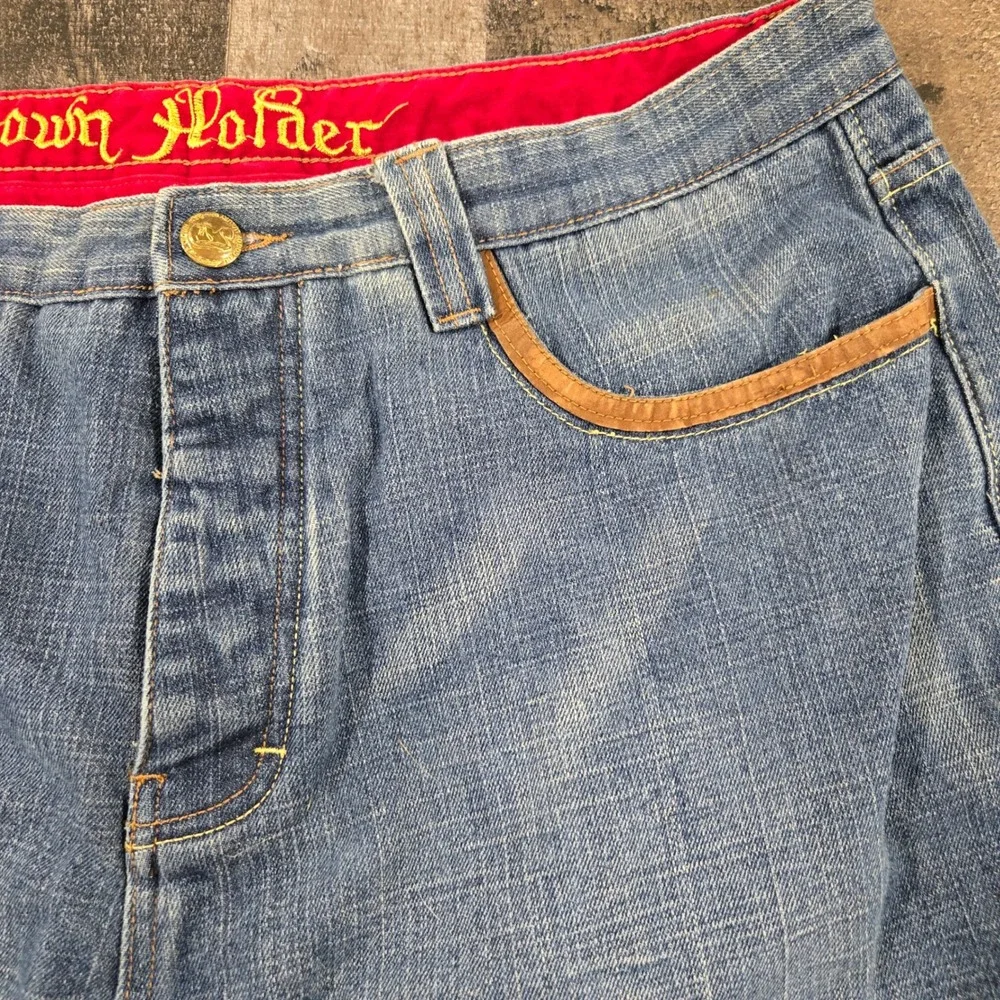Crown Holder Vintage Y2K Baggy Denim Shorts Embroidered Rosary Crucifix Jorts 42